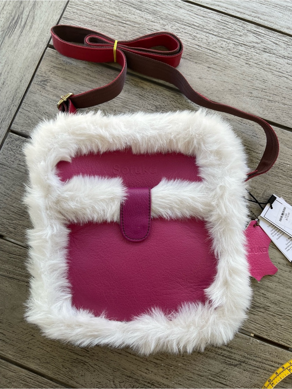 Soruka Lumi One Of A Kind Fuzzy Trim Recycled Leather Crossbody Bag - Pink NWT